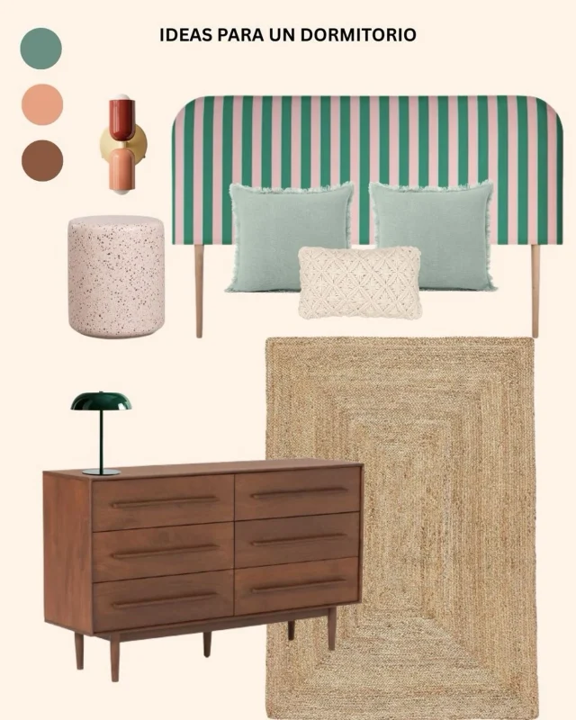 Rayas y terrazo siempre sí 🤩. Este moodboard para un dormitorio combina los tonos verdes, y rosados con la calidez de materiales naturales como la madera y el yute. 
Si te apetece un cambio, quieres darle otra vuelta a la decoración de tu casa, en EspacioCalle te ayudo a hacerlo.